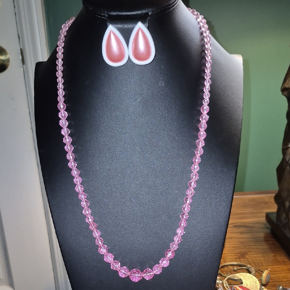 Vintage Pink Beaded Necklace, Clip On Earring And Brooch Set